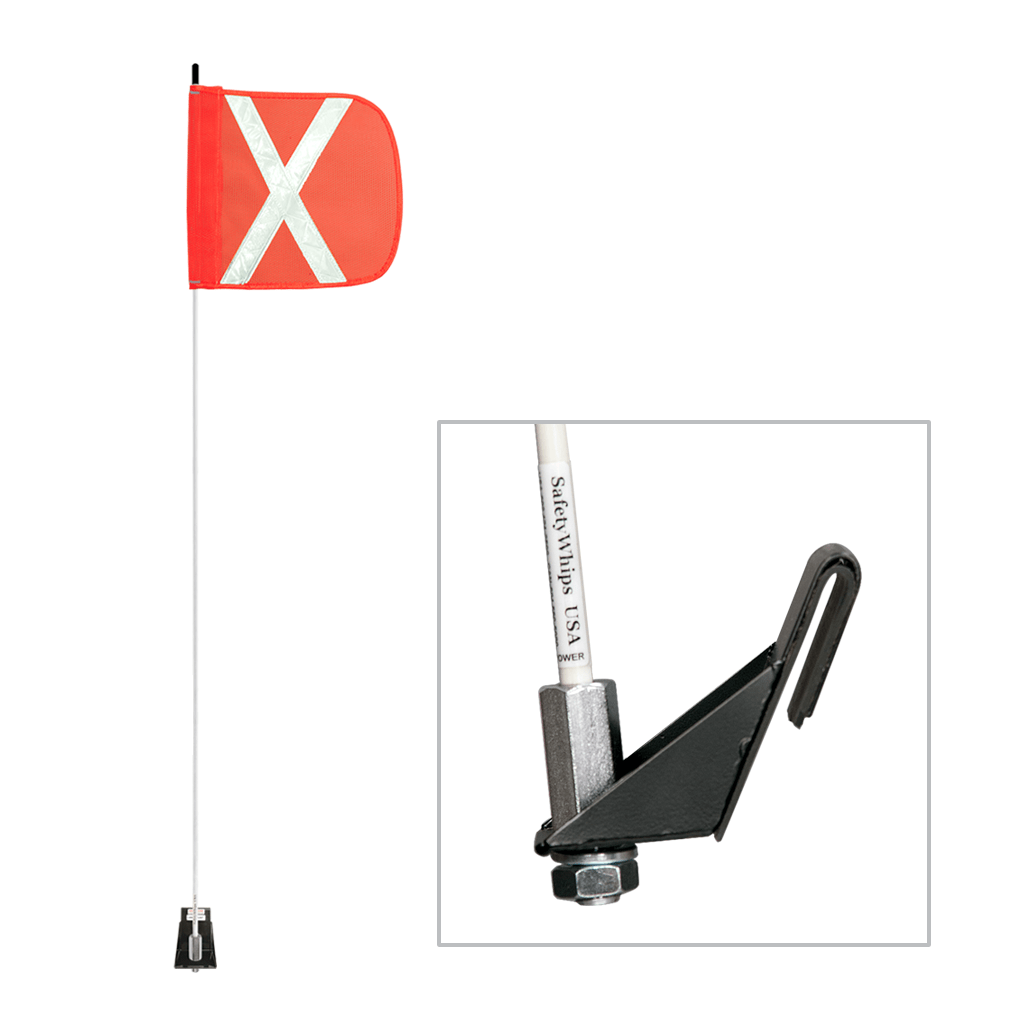 SafetyWhips 3' Light Duty Whip with Orange Mesh Flag (White X) and a Window Bracket Mounting Base