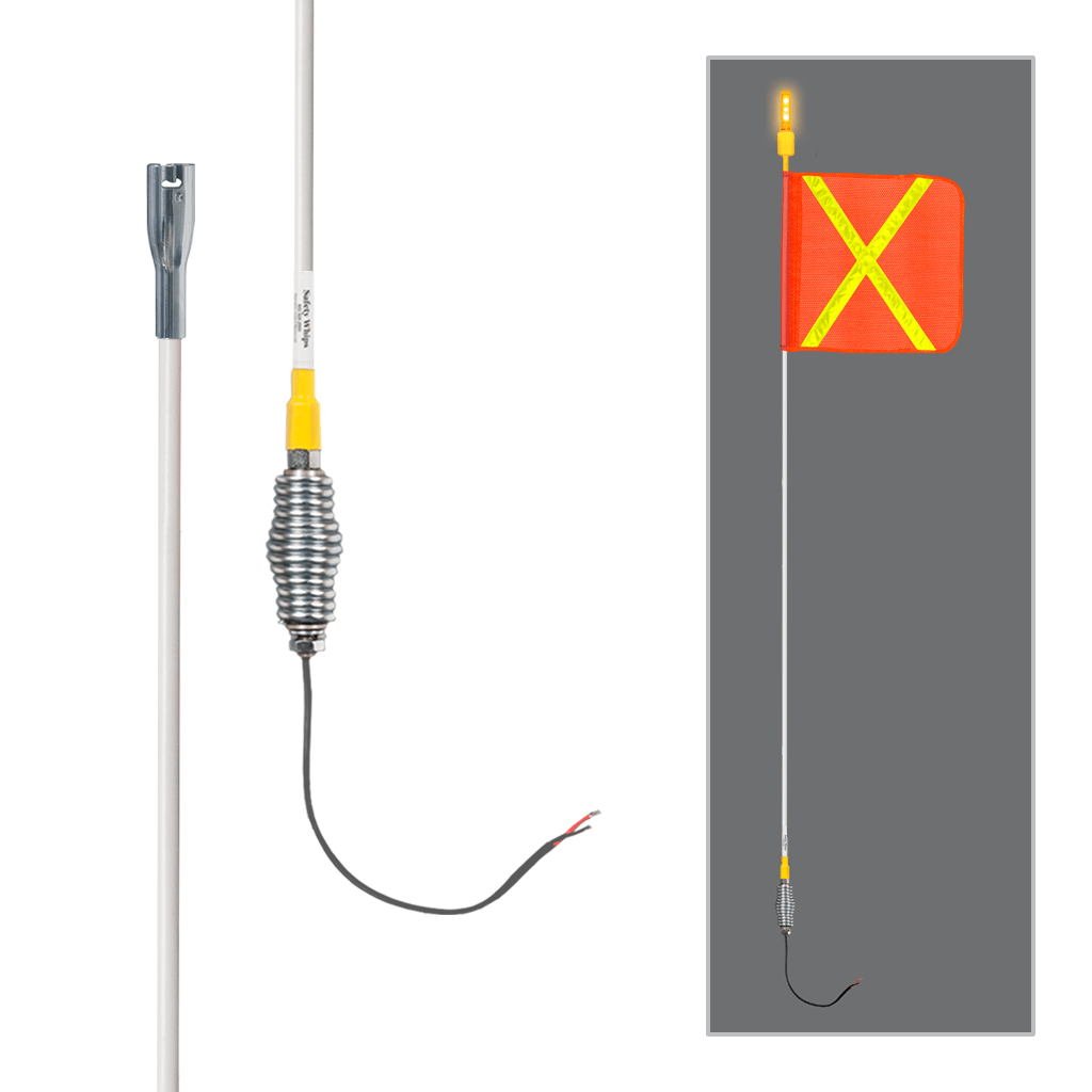 SafetyWhips 3' Super Duty Whip with 16" Orange Mesh Flag (Yellow X), Heavy Duty Spring Base, and Constant Amber Light