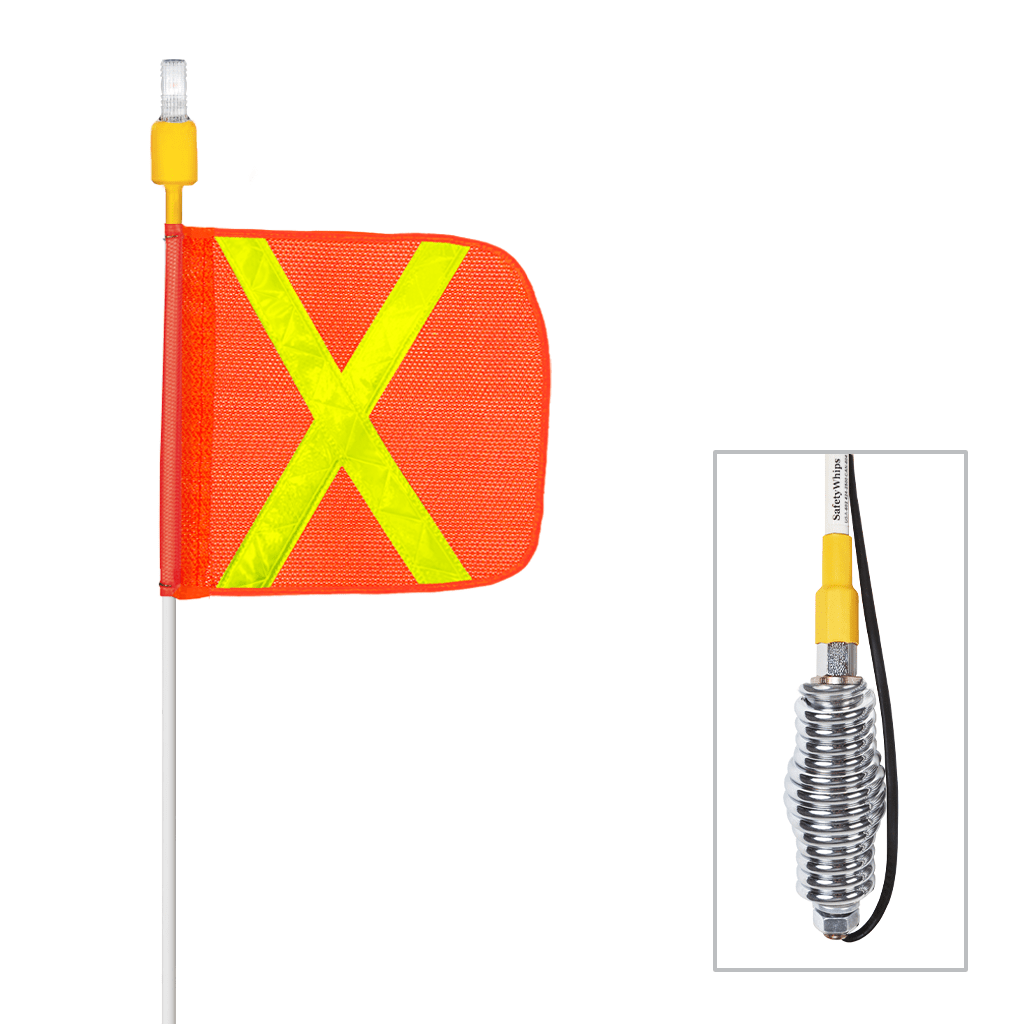 SafetyWhips 10' Super Duty Whip with Orange Flag (Yellow X), Heavy Duty Spring Base, and Amber Light