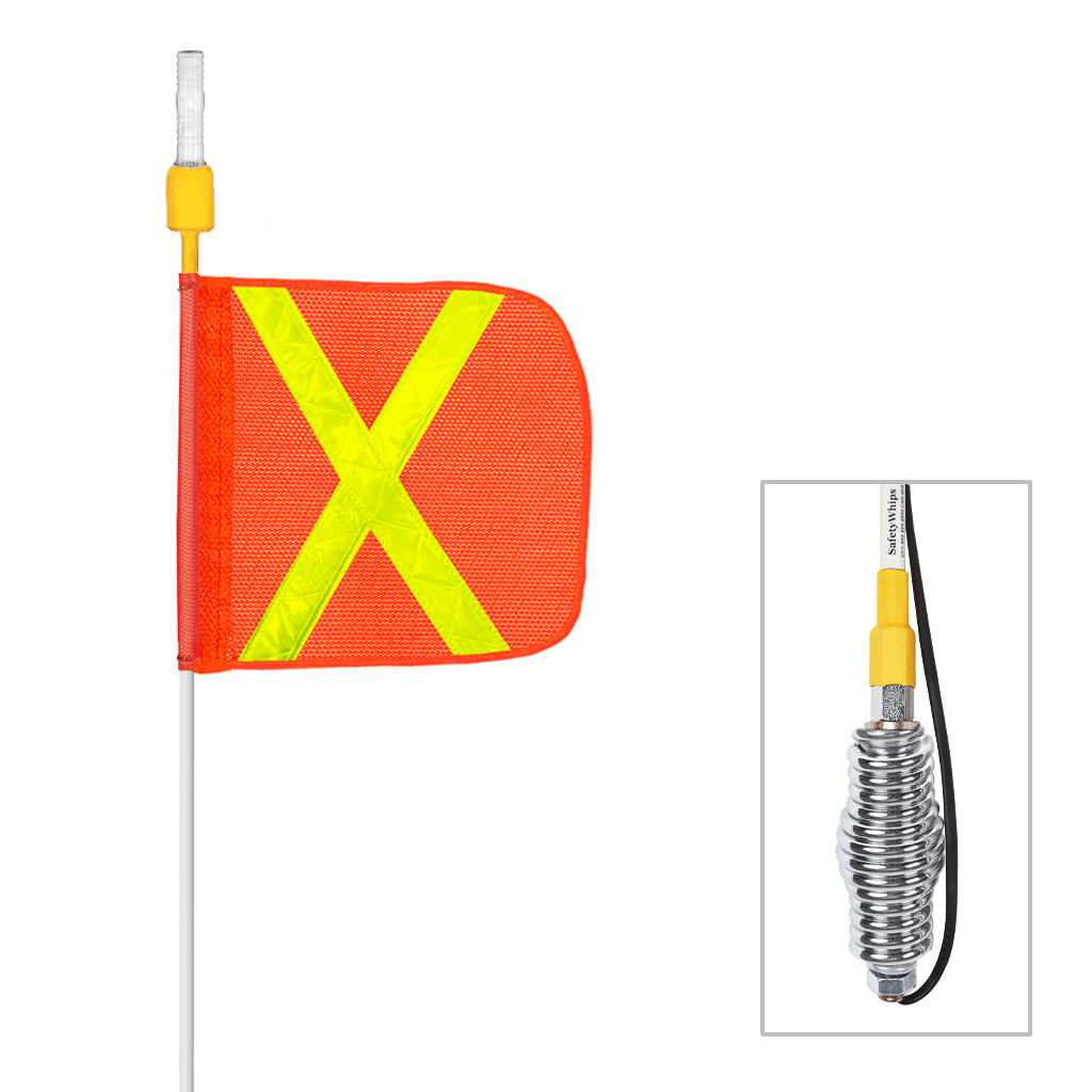 SafetyWhips 10' Super Duty Whip with Orange Flag (Yellow X), Heavy Duty Spring Base, and Constant Amber Light