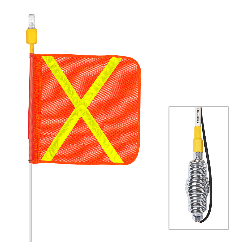 SafetyWhips 10' Super Duty Whip with Orange Flag (Yellow X), Heavy Duty Spring Base, and Amber Light
