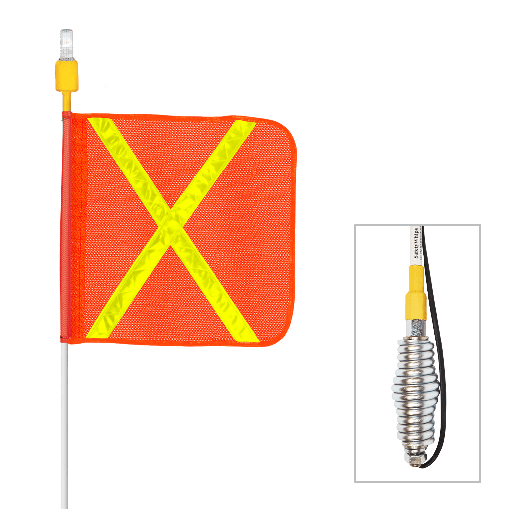 SafetyWhips 10' Super Duty Whip with Orange Flag (Yellow X), Heavy Duty Spring Base, and Green Light