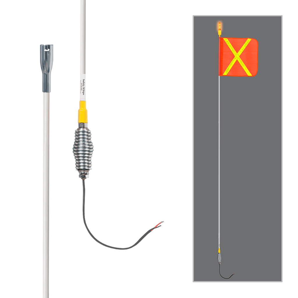 SafetyWhips 10' Super Duty Whip with Orange Flag (Yellow X), Heavy Duty Spring Base, and Flashing Amber/Red Light
