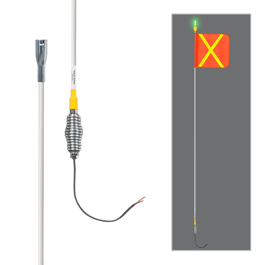 SafetyWhips 10' Super Duty Whip with Orange Flag (Yellow X), Heavy Duty Spring Base, and Flashing Green Light