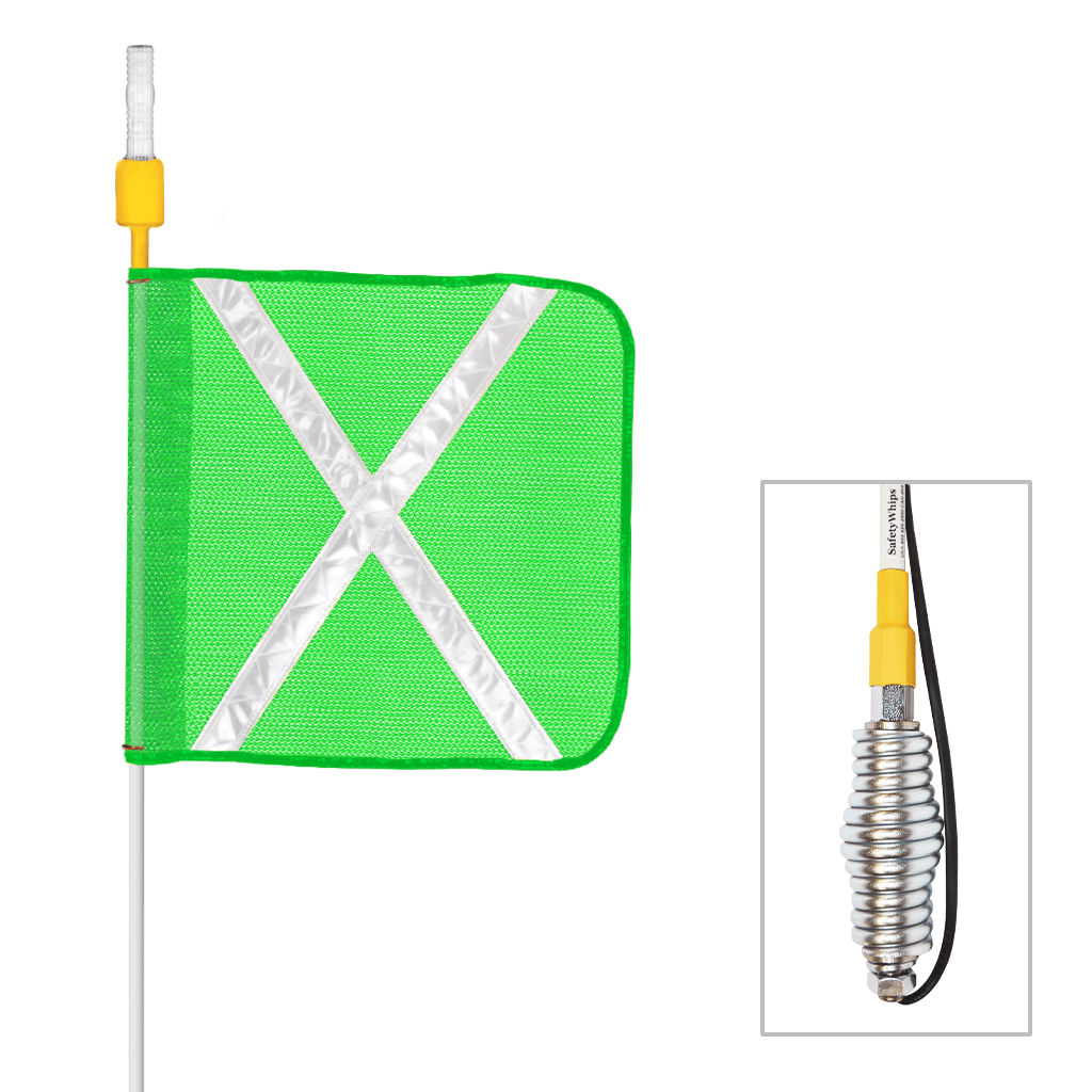SafetyWhips 12' Super Duty Whip with Fluorescent Green Flag (White X), Heavy Duty Spring Base, and Flashing Amber/Red Li