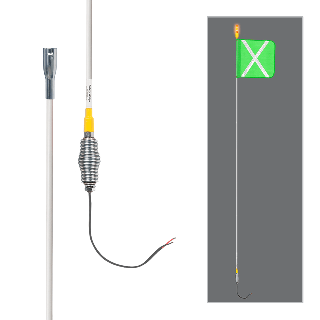 SafetyWhips 12' Super Duty Whip with Fluorescent Green Flag (White X), Heavy Duty Spring Base, and Flashing Amber/Red Light