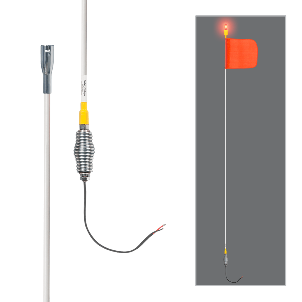 SafetyWhips 12' Super Duty Whip with Orange Flag, Heavy Duty Spring Base, and Red Light