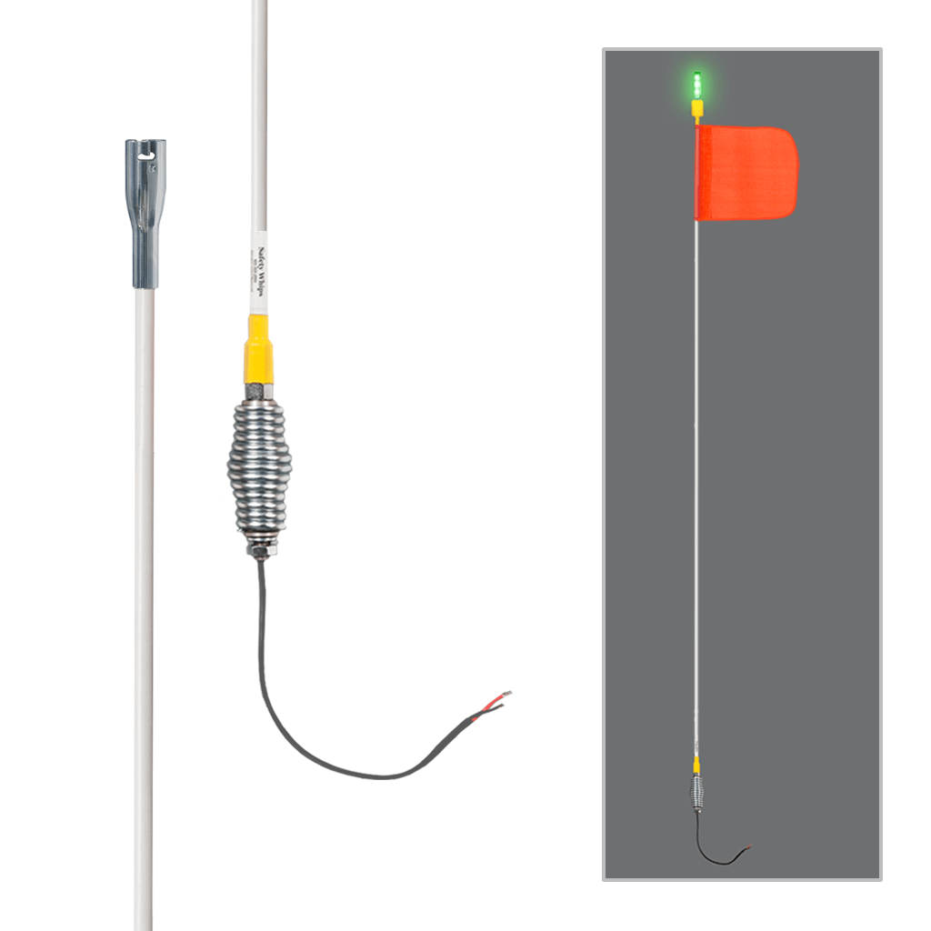 SafetyWhips 12' Super Duty Whip with Orange Flag, Heavy Duty Spring Base, and Flashing Green Light