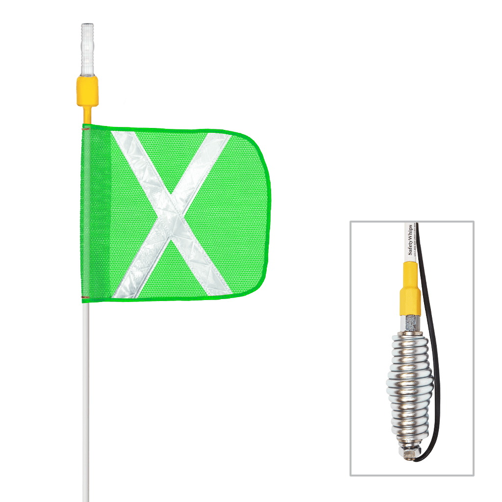 SafetyWhips 12' Super Duty Whip with Fluorescent Green Flag (White X), Heavy Duty Spring Base, and Constant Amber Light