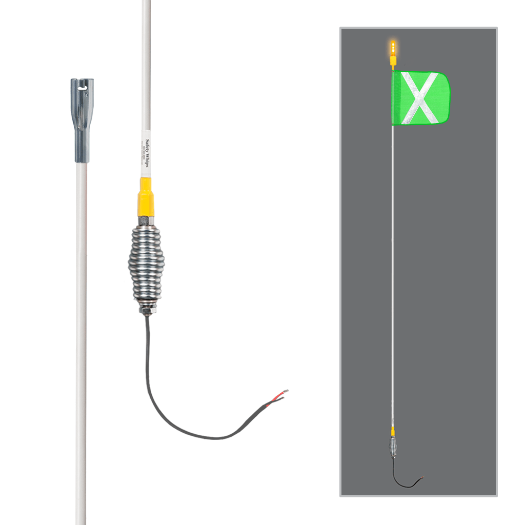 SafetyWhips 12' Super Duty Whip with Fluorescent Green Flag (White X), Heavy Duty Spring Base, and Constant Amber Light