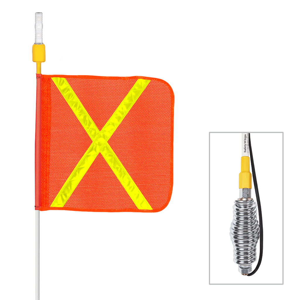SafetyWhips 12' Super Duty Whip with Orange Flag (Yellow X), Heavy Duty Spring Base, and Constant Amber Light