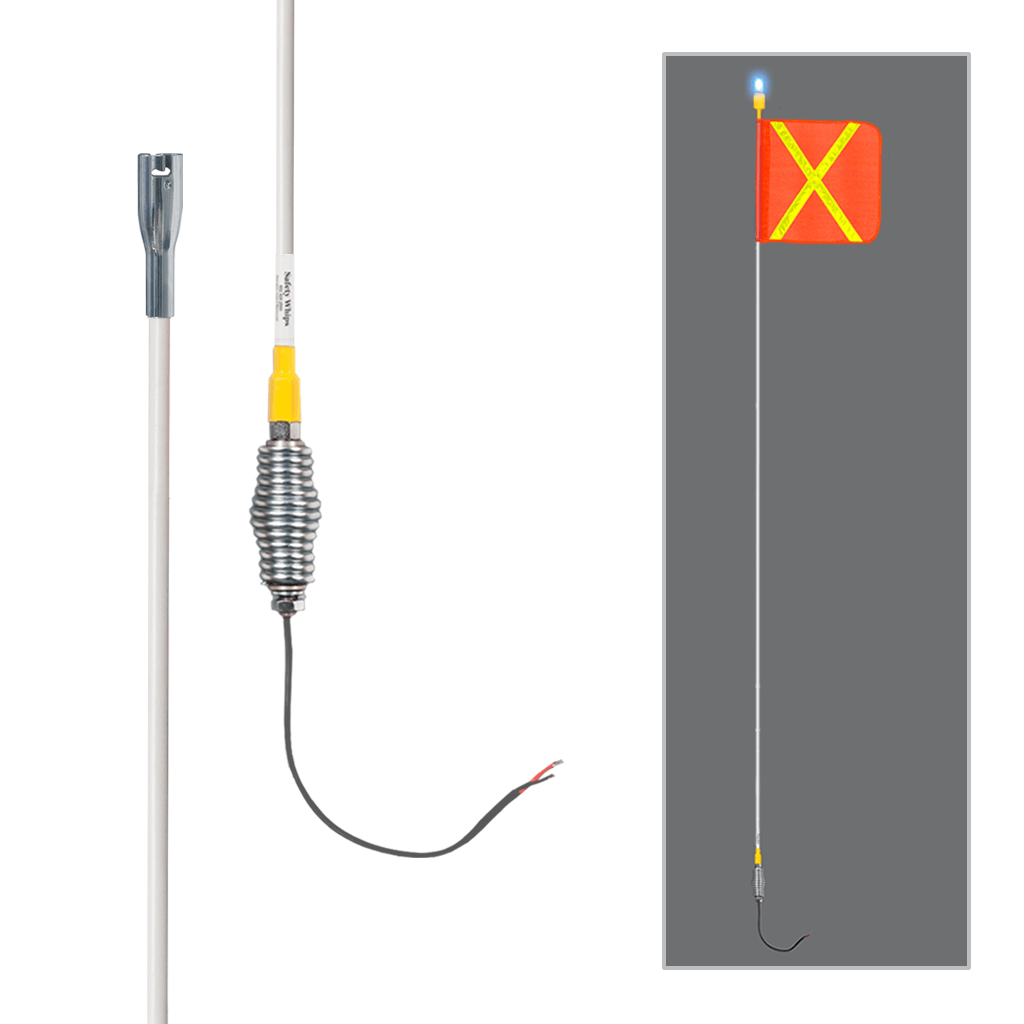 SafetyWhips 12' Super Duty Whip with Orange Flag (Yellow X), Heavy Duty Spring Base, and Blue Light