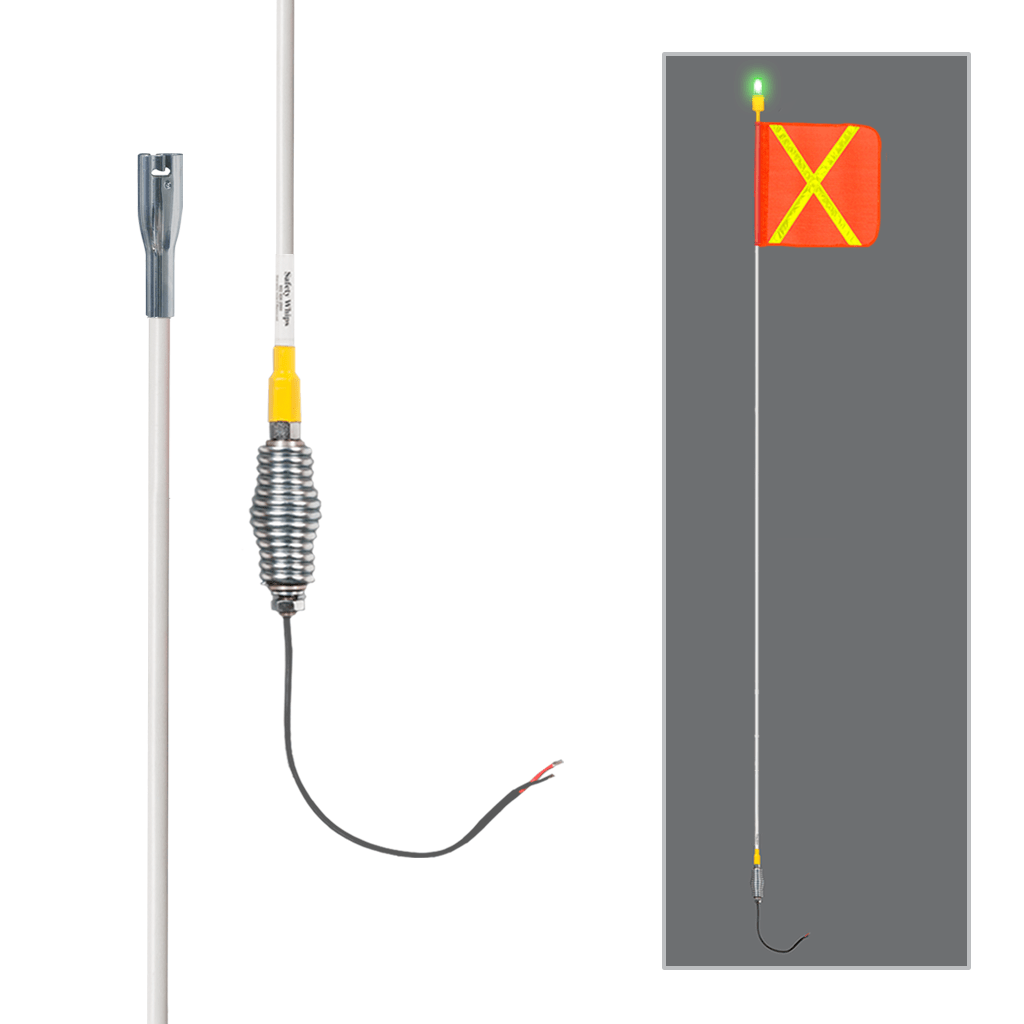 SafetyWhips 12' Super Duty Whip with Orange Flag (Yellow X), Heavy Duty Spring Base, and Green Light