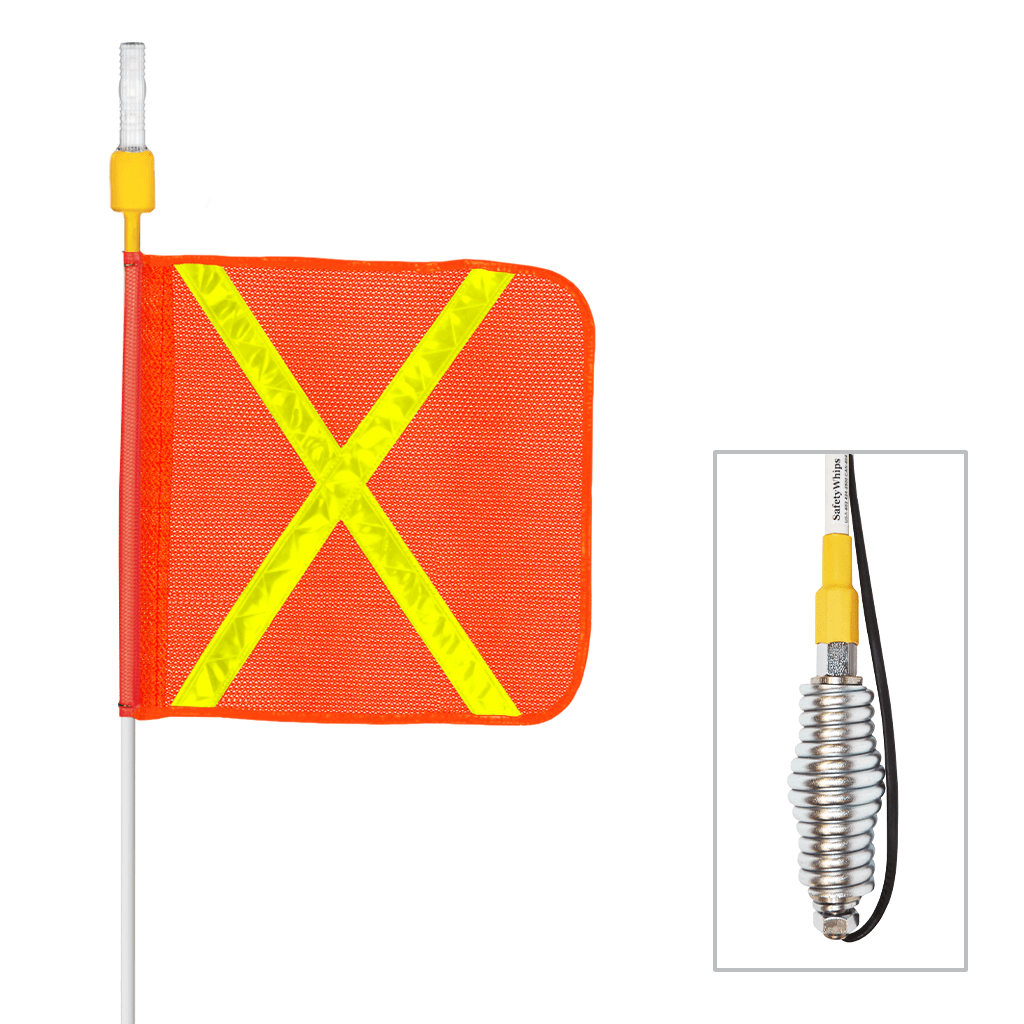 SafetyWhips 12' Super Duty Whip with Orange Flag (Yellow X), Heavy Duty Spring Base, and Flashing Amber Light