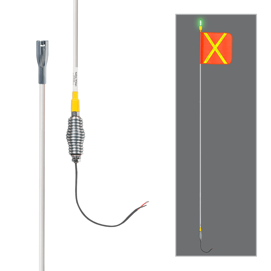 SafetyWhips 12' Super Duty Whip with Orange Flag (Yellow X), Heavy Duty Spring Base, and Flashing Green Light