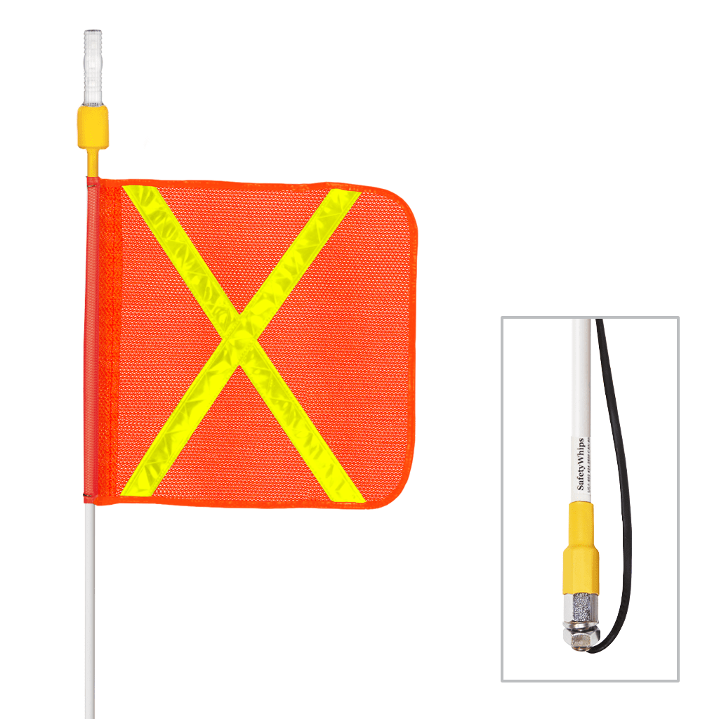 SafetyWhips 12' Super Duty Whip with Orange Flag (Yellow X) and Flashing White Light