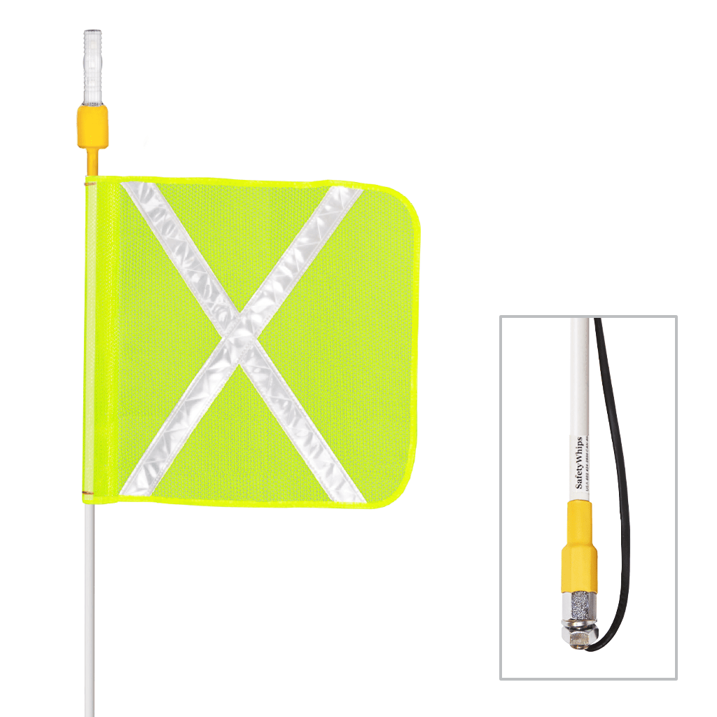 SafetyWhips 12' Super Duty Whip with Fluorescent Yellow Flag (White X) and Constant Amber Light