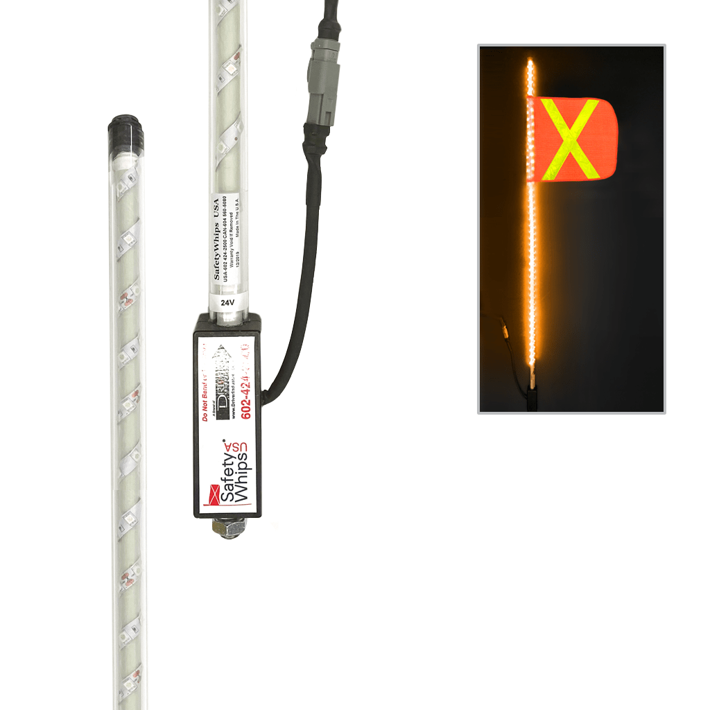 SafetyWhips 3' Super Duty Fully Lit Amber LED Whip (24Volt) with Orange Flag (Yellow X)