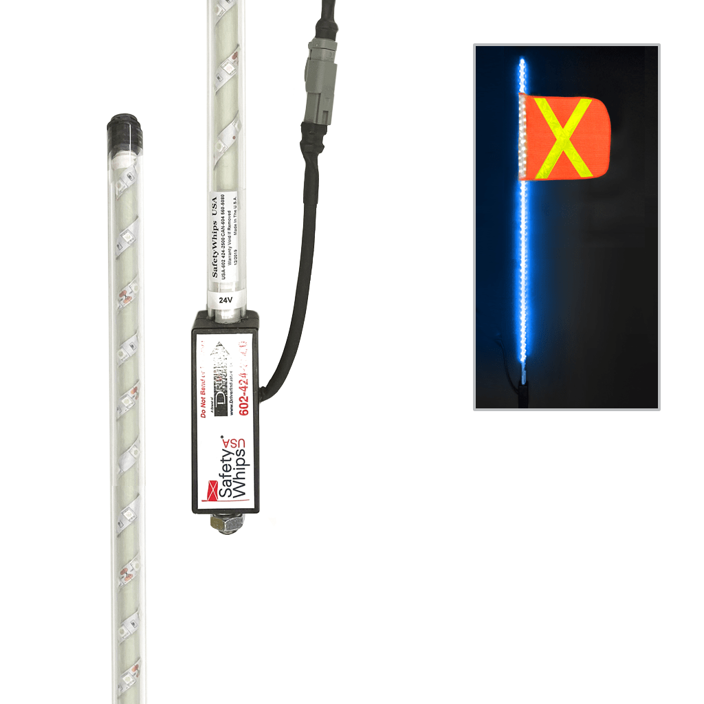 SafetyWhips 3' Super Duty Fully Lit Blue LED Whip with Orange Flag (Yellow X)