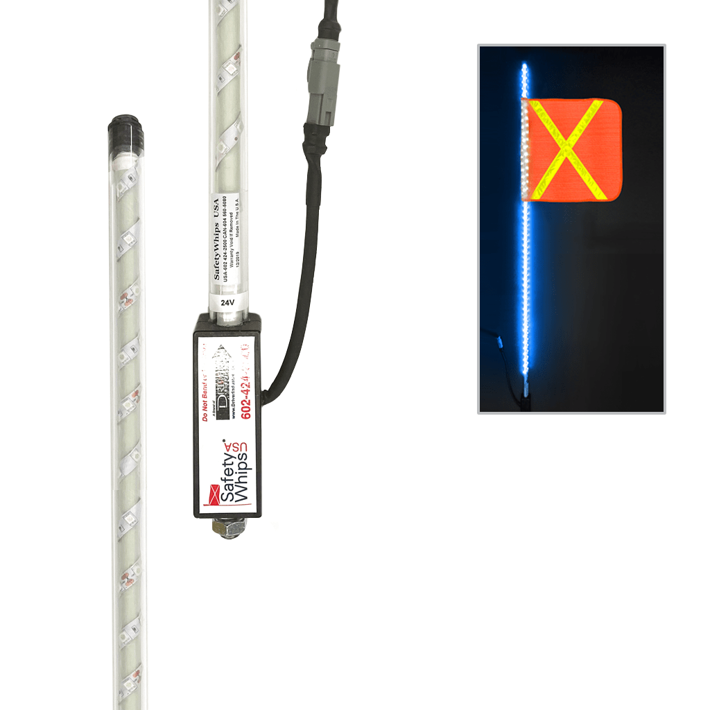 SafetyWhips 3' Super Duty Fully Lit Blue LED Whip with Orange Flag (Yellow X)