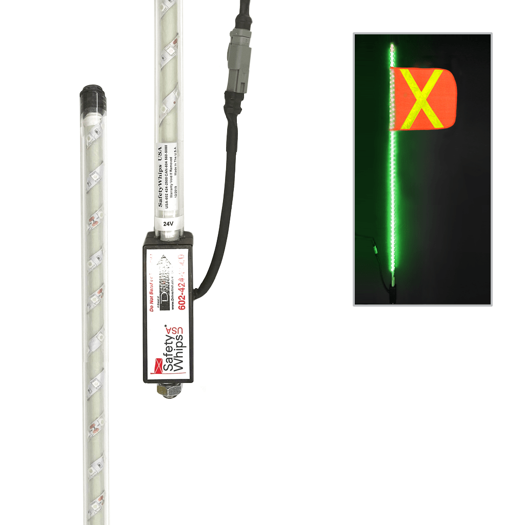SafetyWhips 3' Super Duty Fully Lit Green LED Whip with Orange Flag (Yellow X)