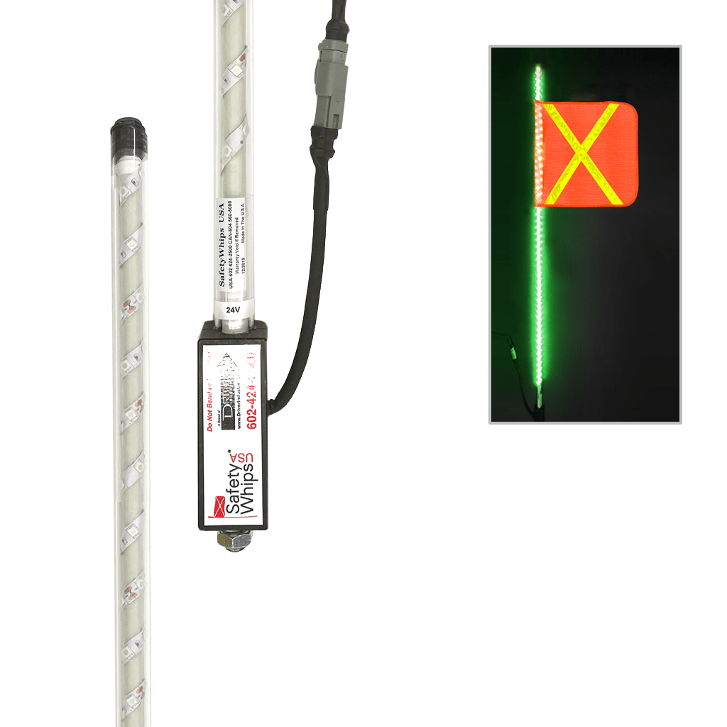 SafetyWhips 3' Super Duty Fully Lit Green LED Whip with Orange Flag (Yellow X)