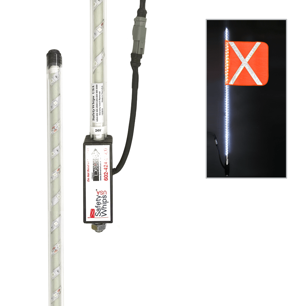 SafetyWhips 3' Super Duty Fully Lit White LED Whip with Orange Flag (White X)