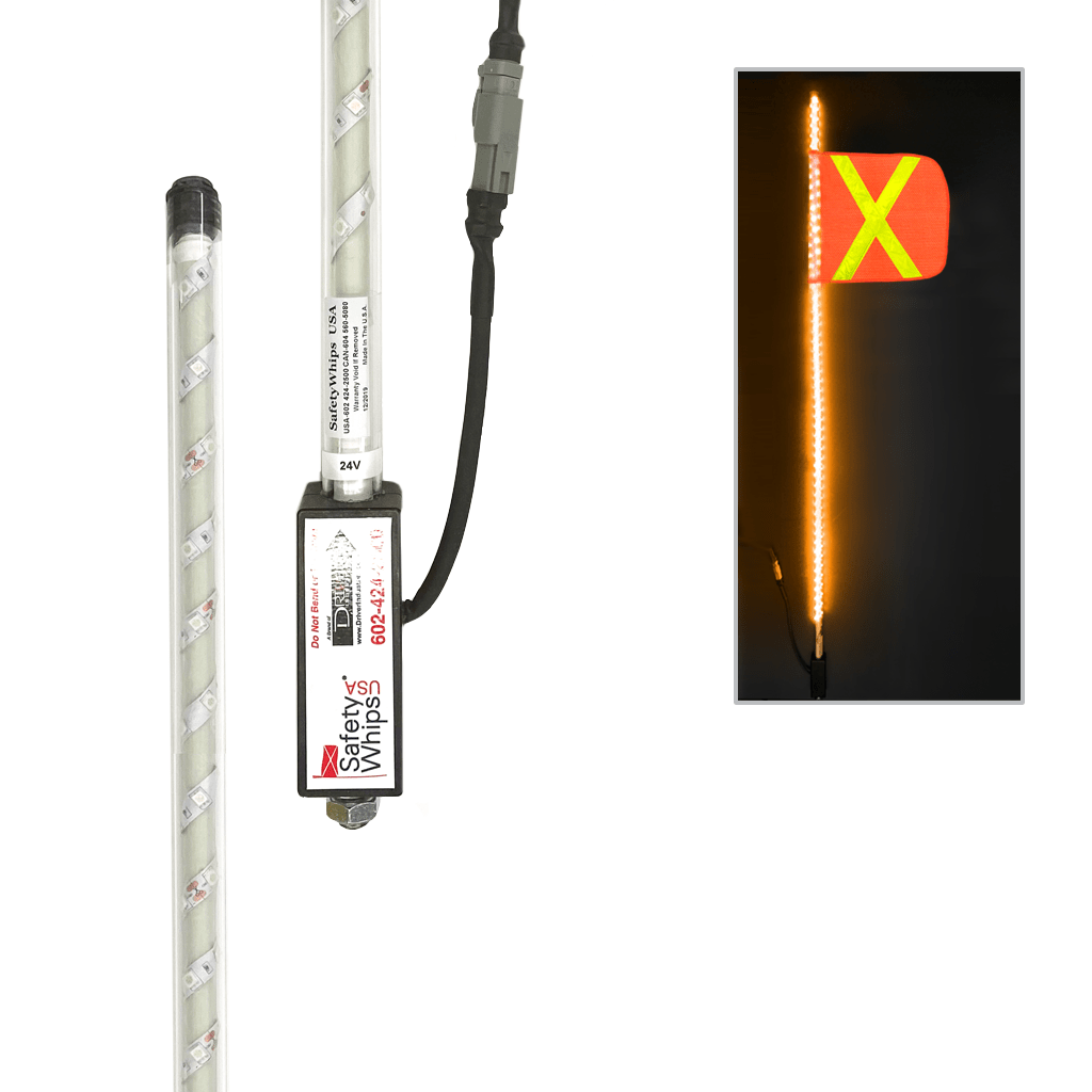 SafetyWhips 4' Super Duty Fully Lit Amber LED Whip with Orange Flag (Yellow X)