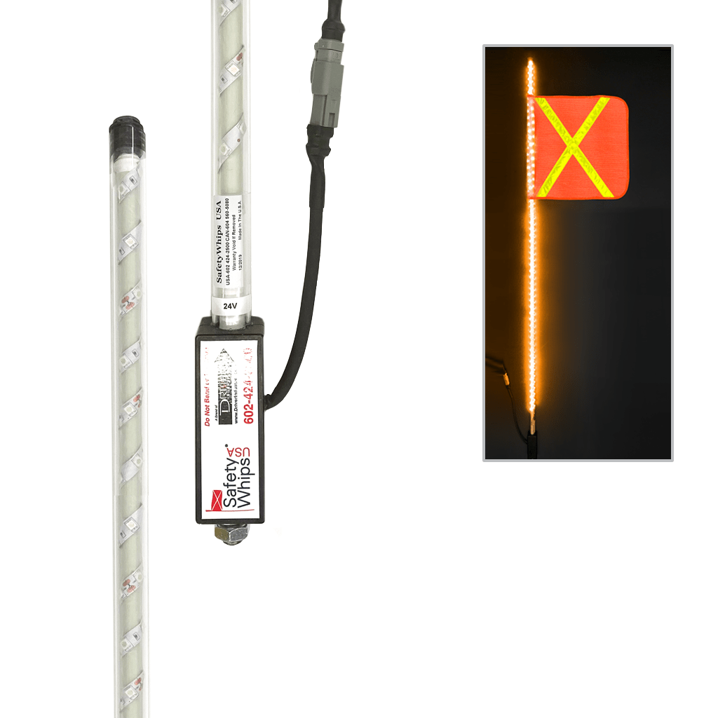 SafetyWhips 4' Super Duty Fully Lit Amber LED Whip with Orange Flag (Yellow X)