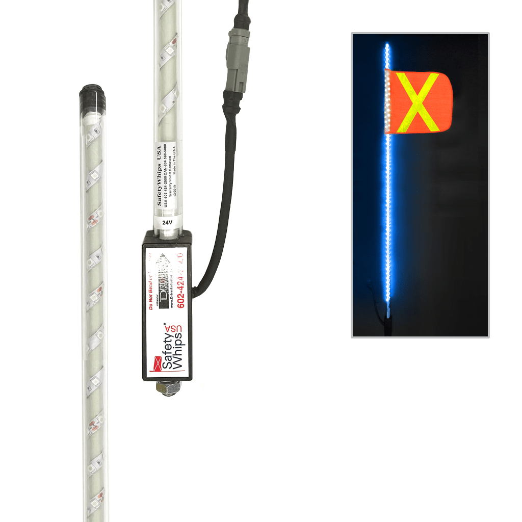 SafetyWhips 4' Super Duty Fully Lit Blue LED Whip with Orange Flag (Yellow X)