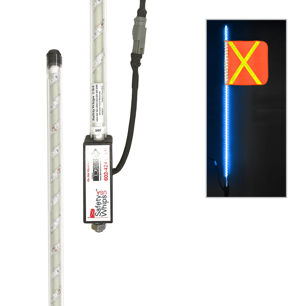 SafetyWhips 4' Super Duty Fully Lit Blue LED Whip with Orange Flag (Yellow X)