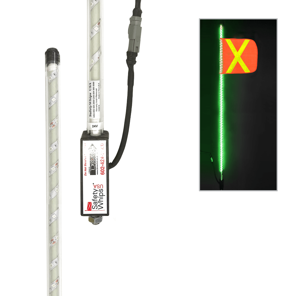 SafetyWhips 4' Super Duty Fully Lit Green LED Whip with Orange Flag (Yellow X)