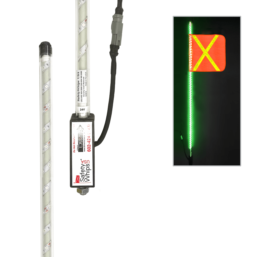 SafetyWhips 4' Super Duty Fully Lit Green LED Whip with Orange Flag (Yellow X)