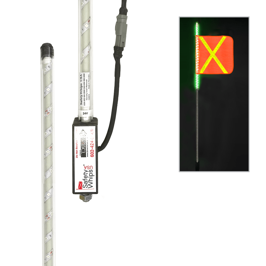 SafetyWhips 4' Super Duty Green LED Whip (Top 2' Lit) with Orange Flag (Yellow X)
