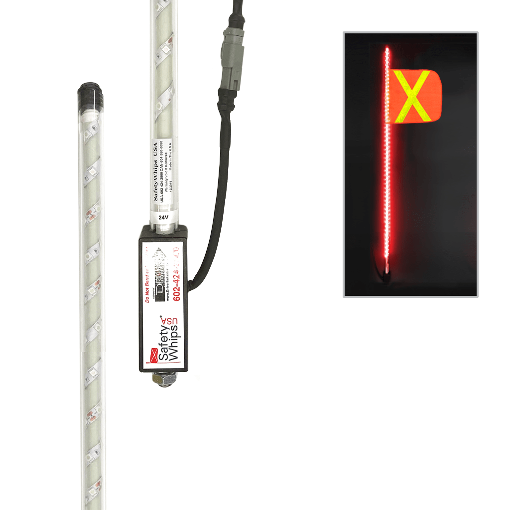 SafetyWhips 4' Super Duty Fully Lit Red LED Whip with Orange Flag (Yellow X)