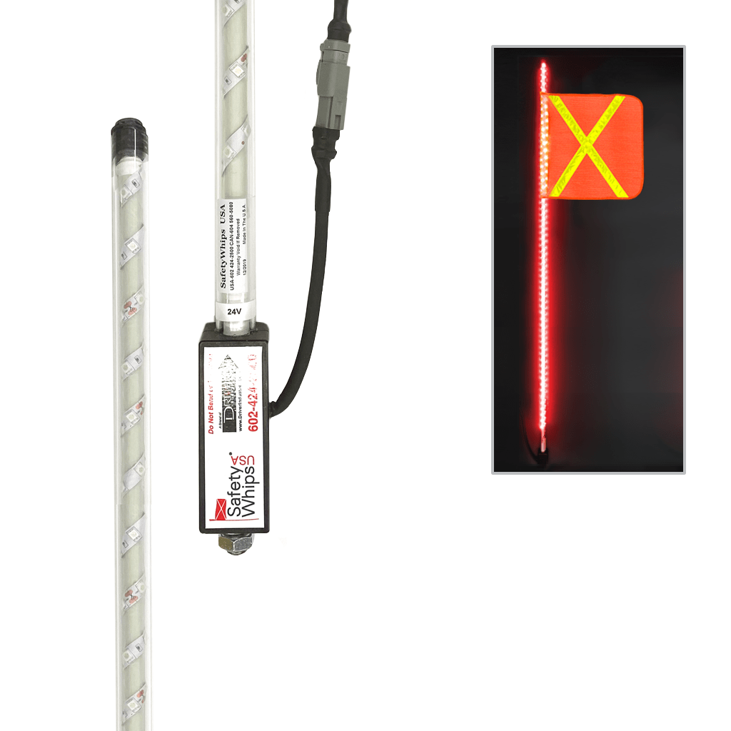 SafetyWhips 4' Super Duty Fully Lit Red LED Whip with Orange Flag (Yellow X)