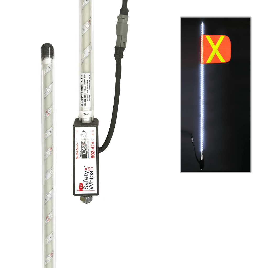 SafetyWhips 4' Super Duty Fully Lit White LED Whip with Orange Flag (Yellow X)