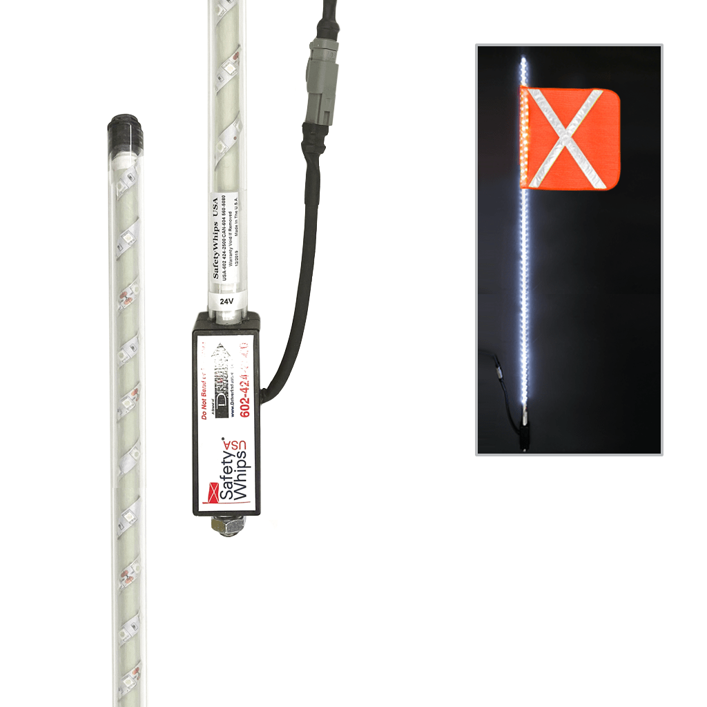 SafetyWhips 4' Super Duty Fully Lit White LED Whip with Orange Flag (White X)