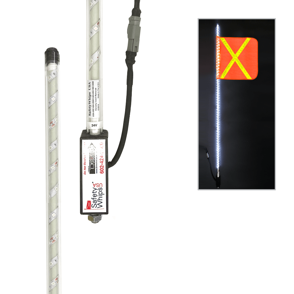 SafetyWhips 4' Super Duty Fully Lit White LED Whip with Orange Flag (Yellow X)