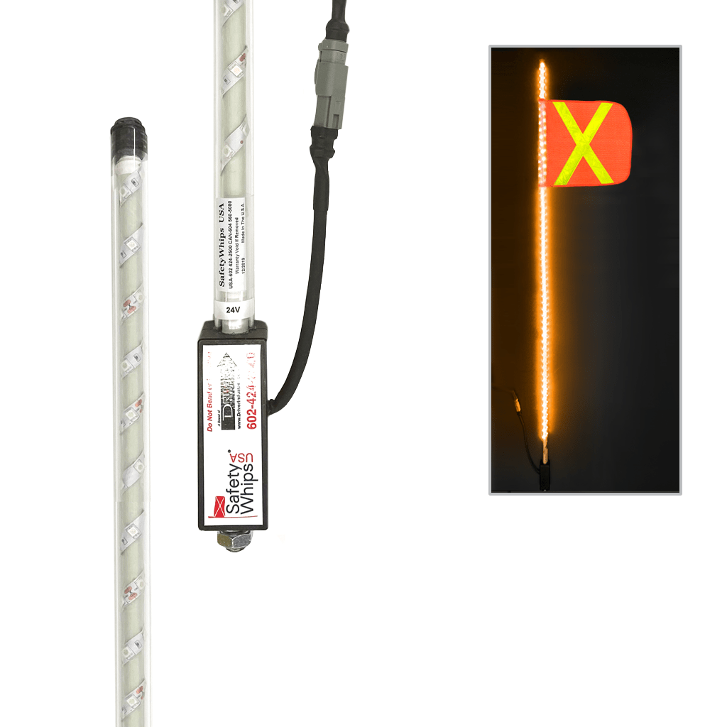 SafetyWhips 5' Super Duty Fully Lit Amber LED Whip with Orange Flag (Yellow X)
