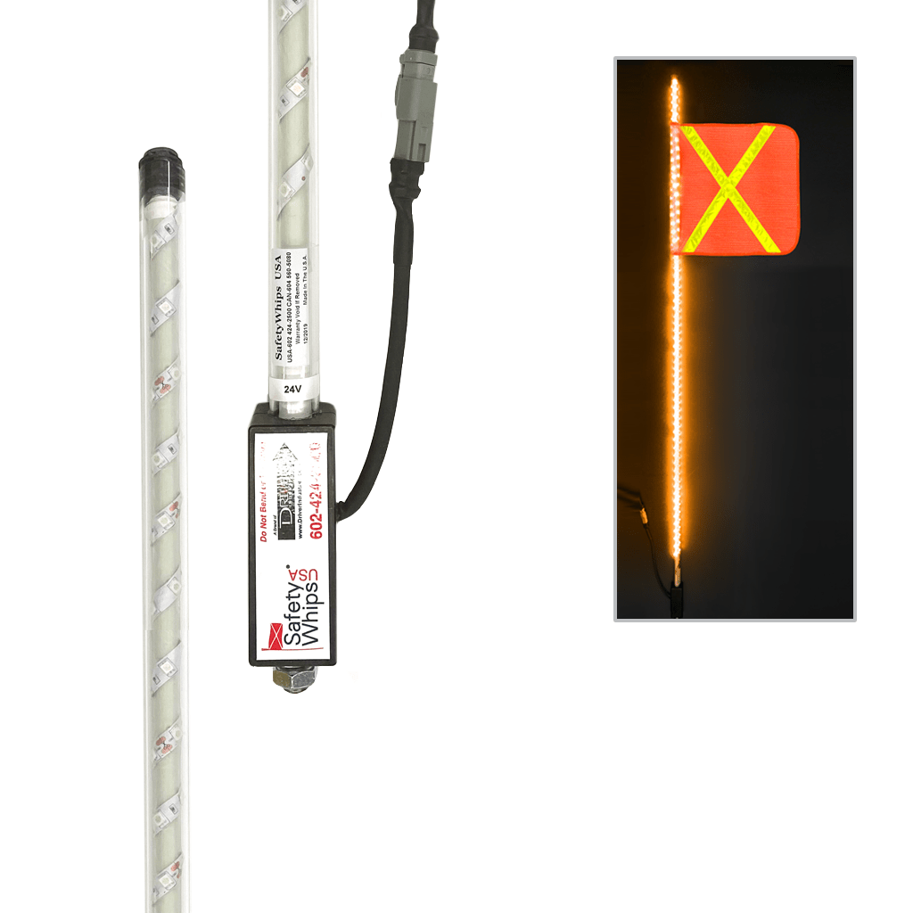 SafetyWhips 5' Super Duty Fully Lit Amber LED Whip with Orange Flag (Yellow X)