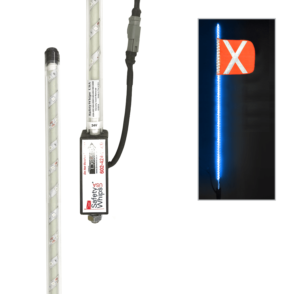 SafetyWhips 5' Super Duty Fully Lit Blue LED Whip with Orange Flag (White X)