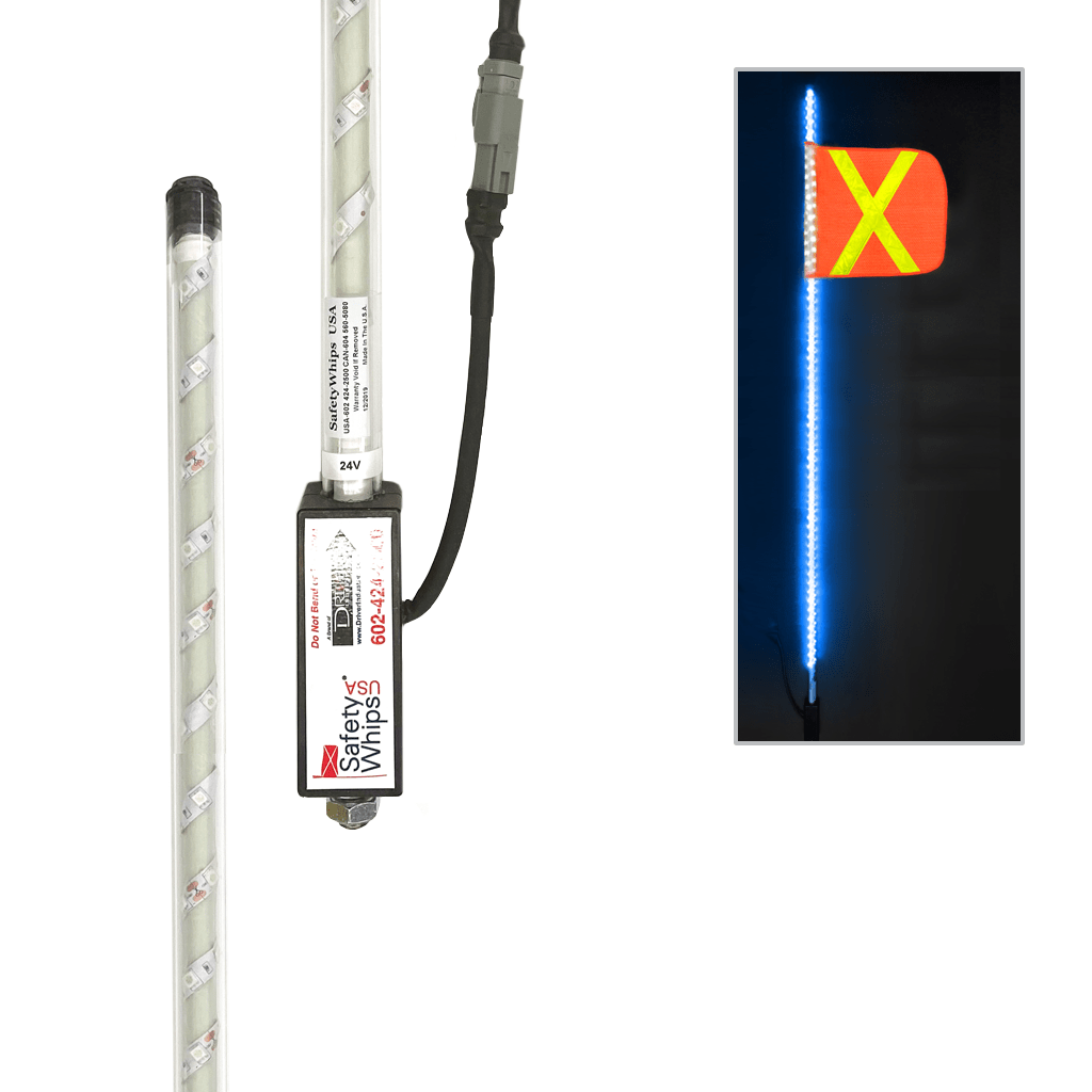 SafetyWhips 5' Super Duty Fully Lit Blue LED Whip with Orange Flag (Yellow X)