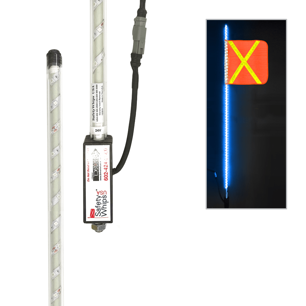 SafetyWhips 5' Super Duty Fully Lit Blue LED Whip with Orange Flag (Yellow X)