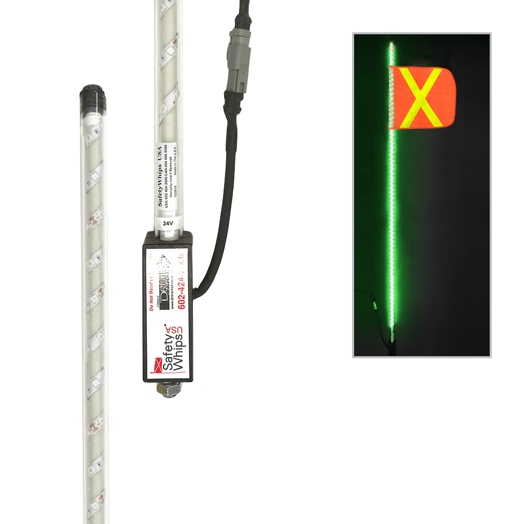 SafetyWhips 5' Super Duty Fully Lit Green LED Whip with Orange Flag (Yellow X)