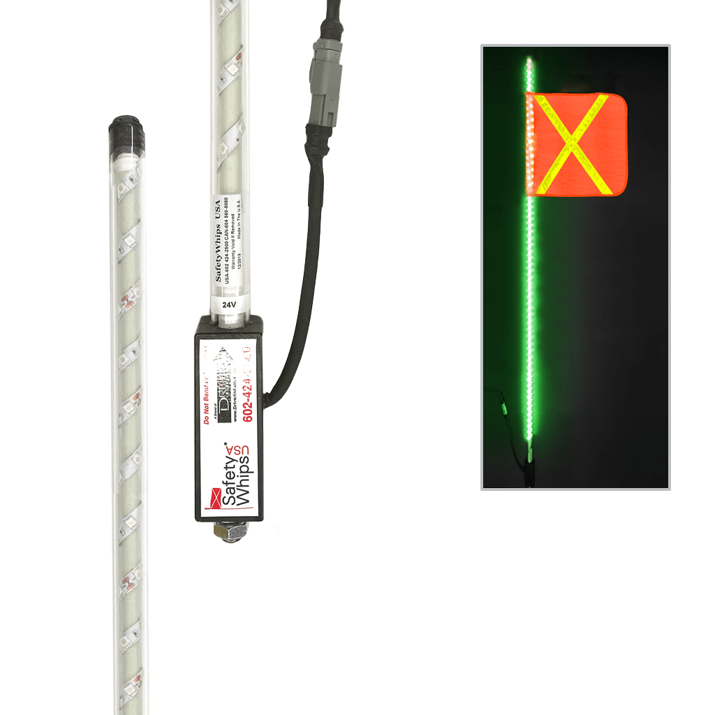 SafetyWhips 5' Super Duty Fully Lit Green LED Whip with Orange Flag (Yellow X)