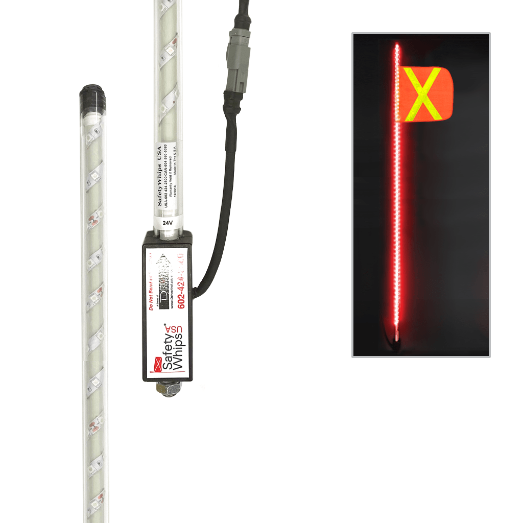 SafetyWhips 5' Super Duty Fully Lit Red LED Whip with Orange Flag (Yellow X)