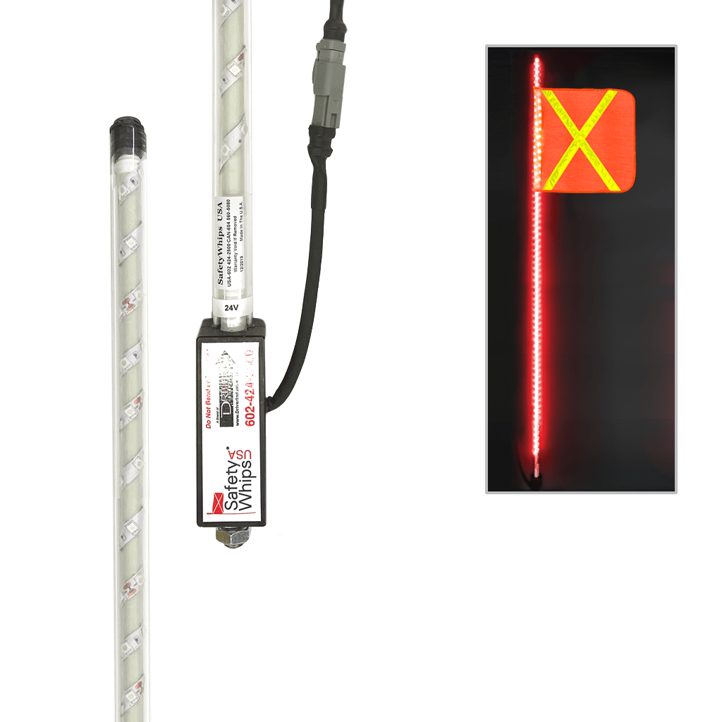 SafetyWhips 5' Super Duty Fully Lit Red LED Whip (24Volt) with Orange Flag (Yellow X)