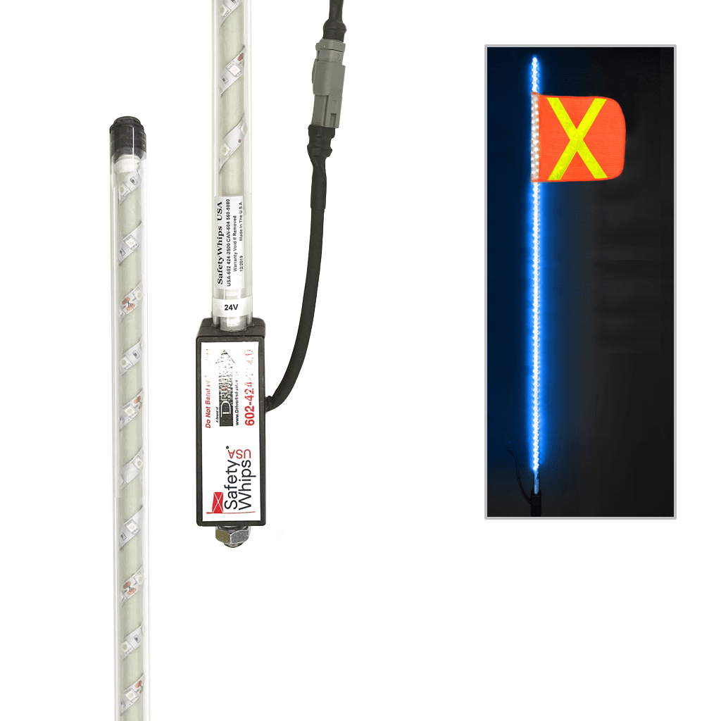 SafetyWhips 6' Super Duty Fully Lit Blue LED Whip with Orange Flag (Yellow X)