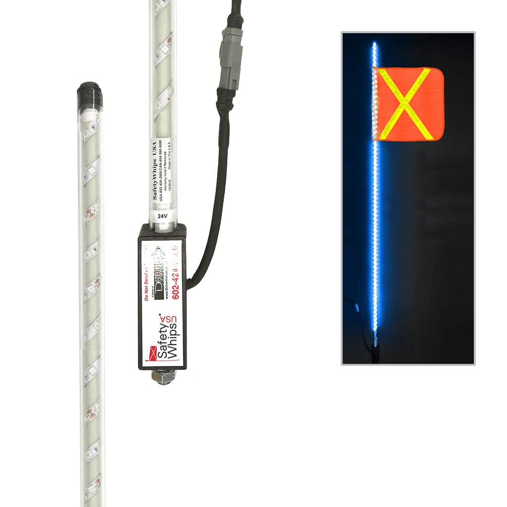 SafetyWhips 6' Super Duty Fully Lit Blue LED Whip with Orange Flag (Yellow X)